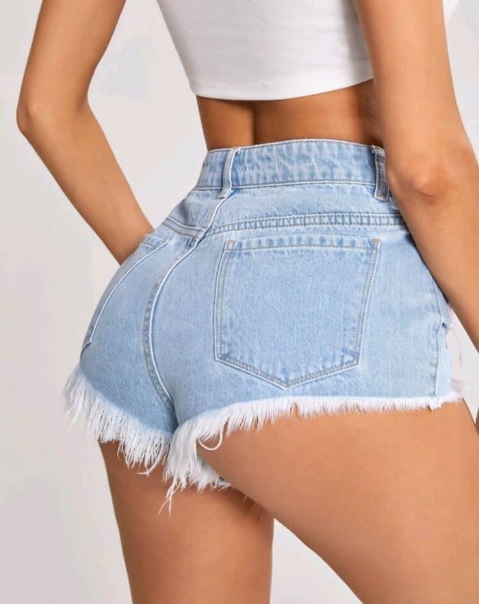 Ripped Raw Hem Sequin Patched Denim Shorts - Image 5