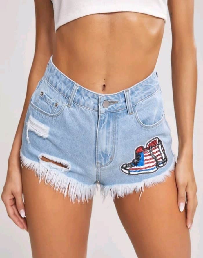 Ripped Raw Hem Sequin Patched Denim Shorts - Image 4