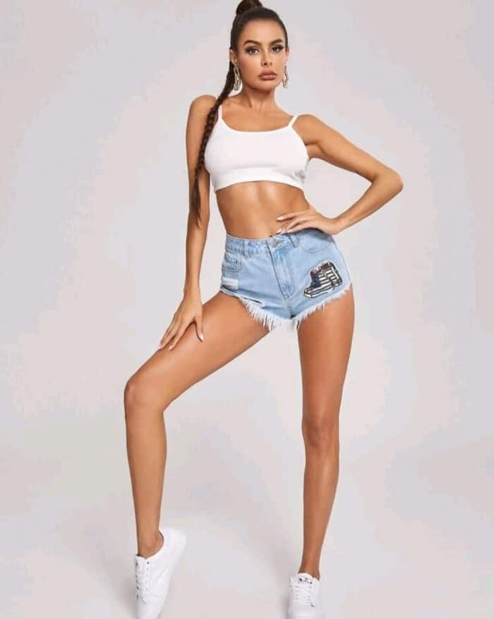 Ripped Raw Hem Sequin Patched Denim Shorts - Image 2