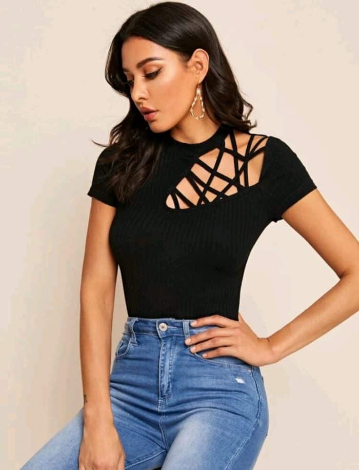 SHEIN Cutout Detail Rib-knit Tee