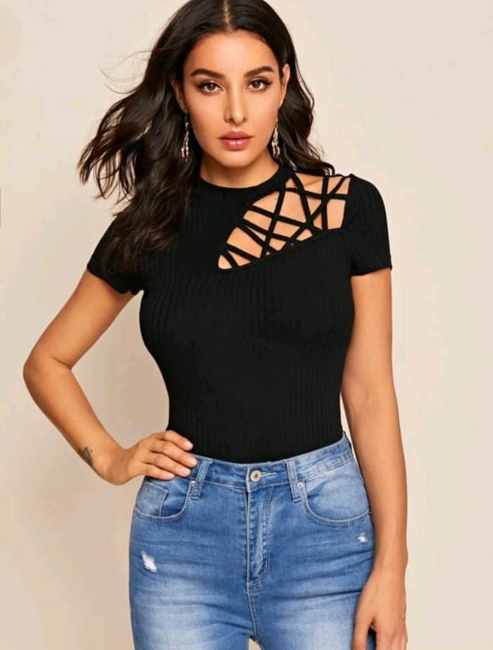 SHEIN Cutout Detail Rib-knit Tee - Image 5