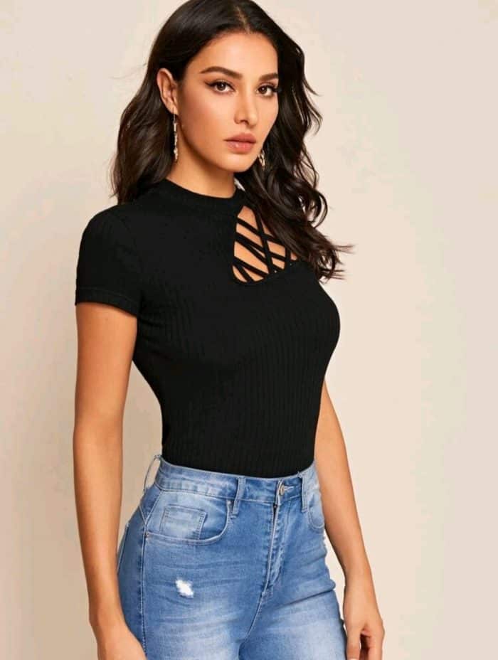 SHEIN Cutout Detail Rib-knit Tee - Image 3