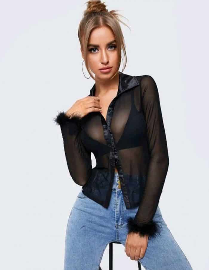 Fuzzy Cuff Sheer Mesh Blouse Without Bra