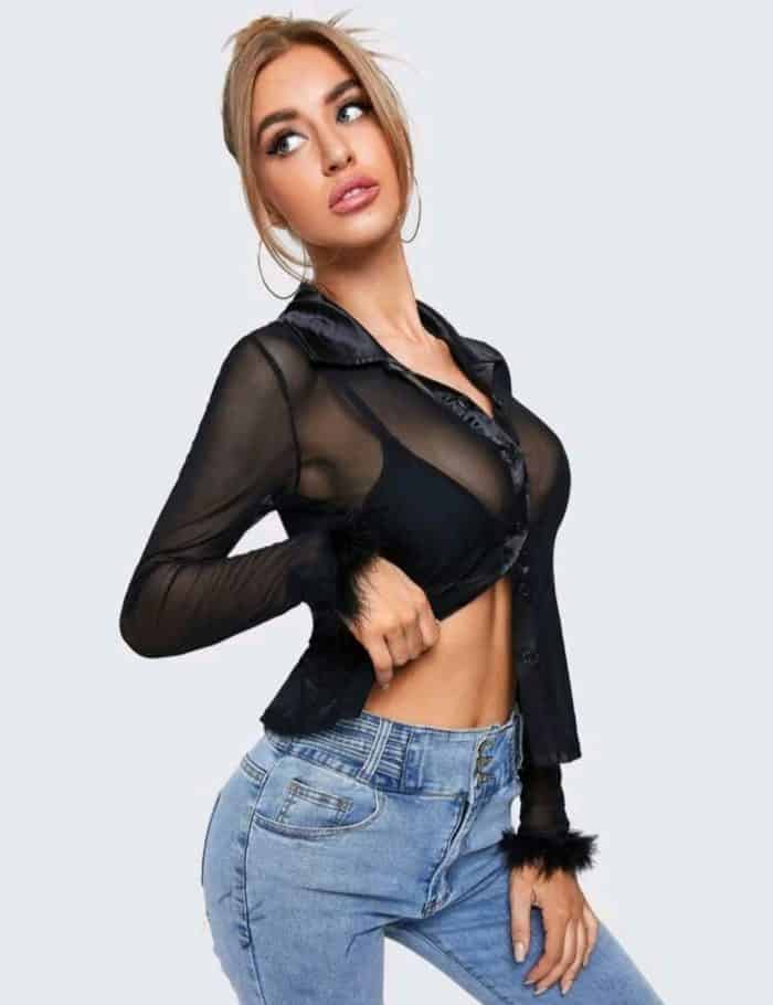 Fuzzy Cuff Sheer Mesh Blouse Without Bra - Image 2