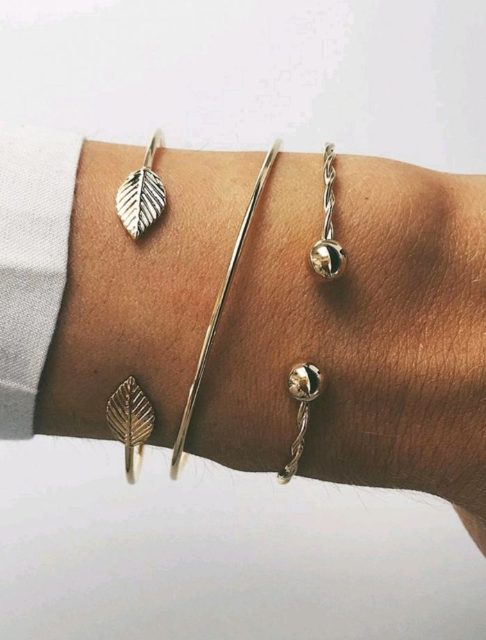 Stripe & Leaf Detail Cuff Bracelet Set 3pcs