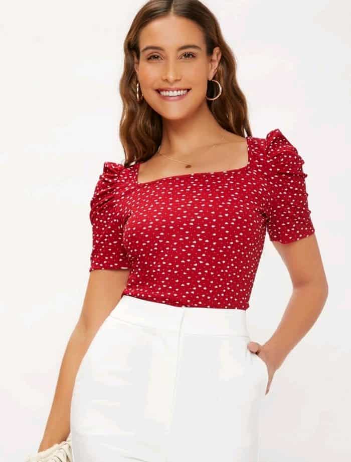 SHEIN Puff Sleeve Allover Heart Print Top