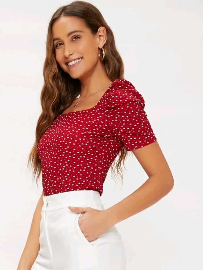 SHEIN Puff Sleeve Allover Heart Print Top - Image 2