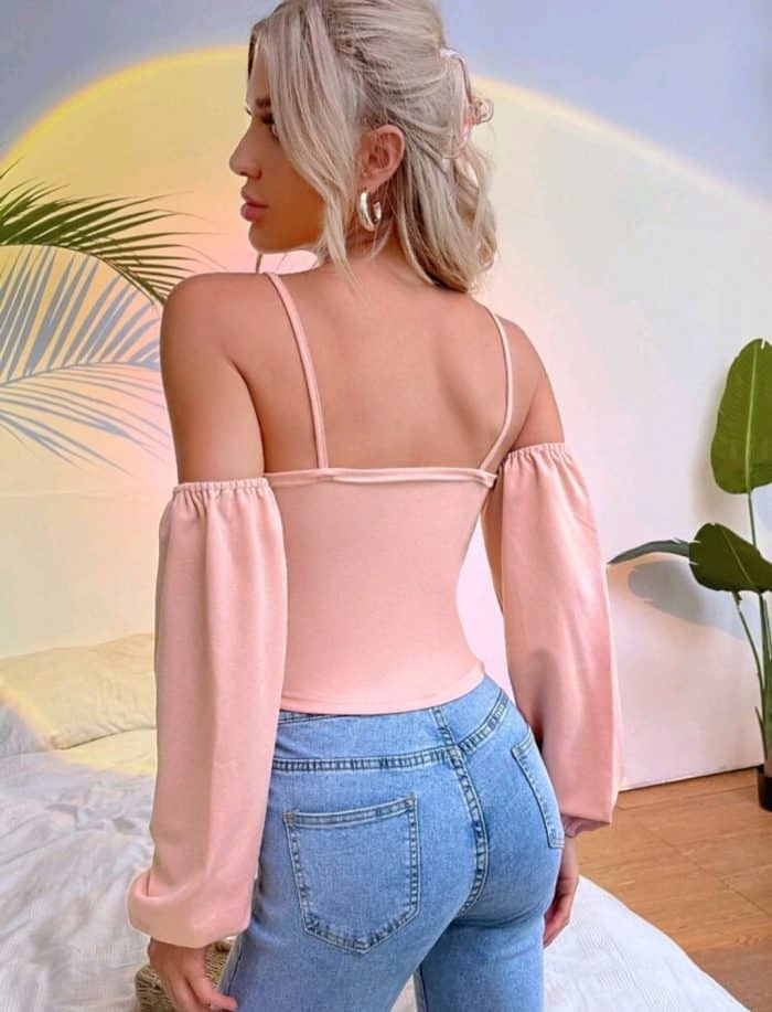 Cold Shoulder Solid Slim Top - Image 5