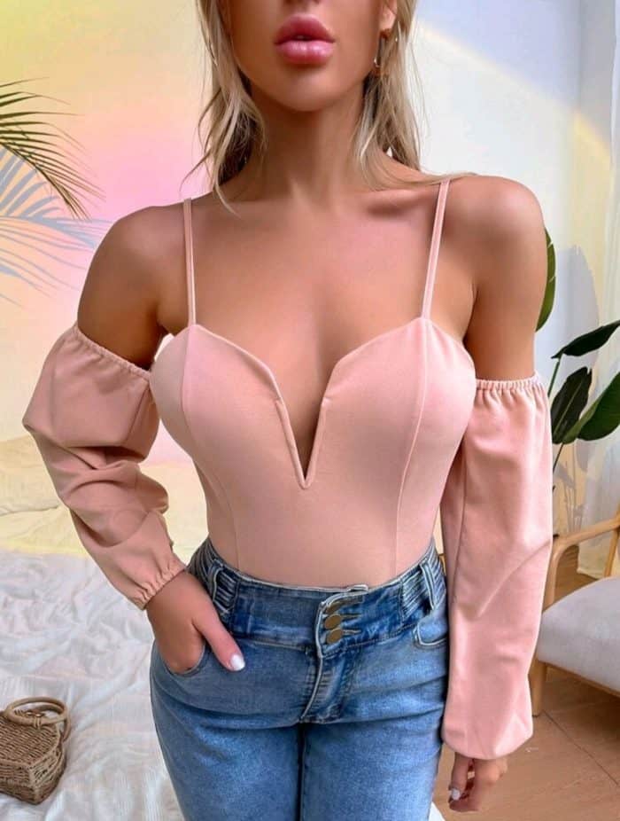 Cold Shoulder Solid Slim Top - Image 3