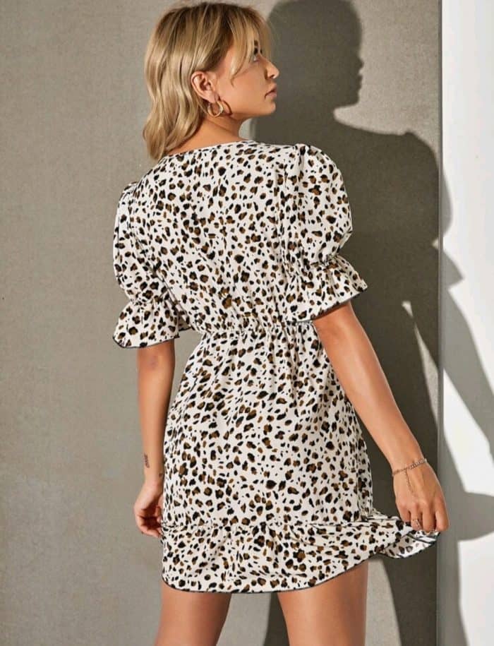 Puff Sleeve Ruffle Hem Leopard Dress - Image 4