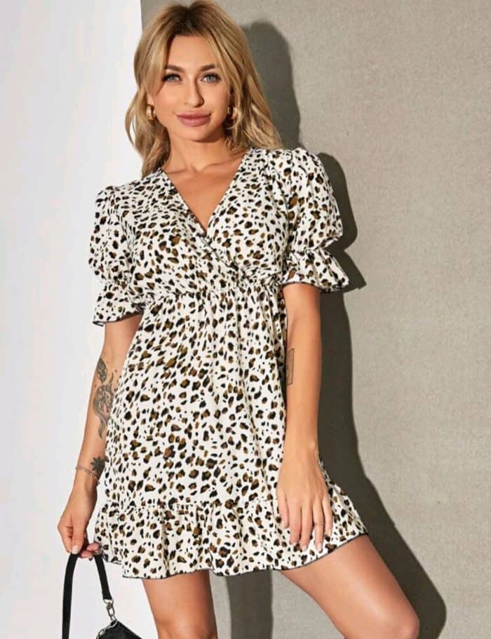 Puff Sleeve Ruffle Hem Leopard Dress - Image 2