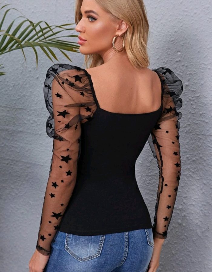 SHEIN Star Print Mesh Puff Sleeve Top - Image 5