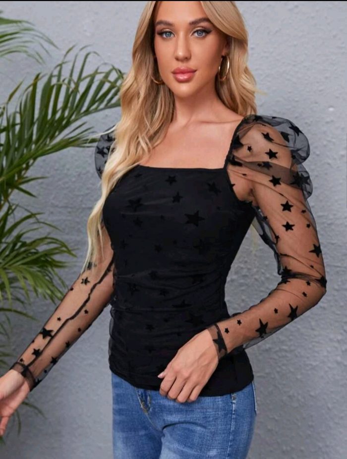 SHEIN Star Print Mesh Puff Sleeve Top - Image 2