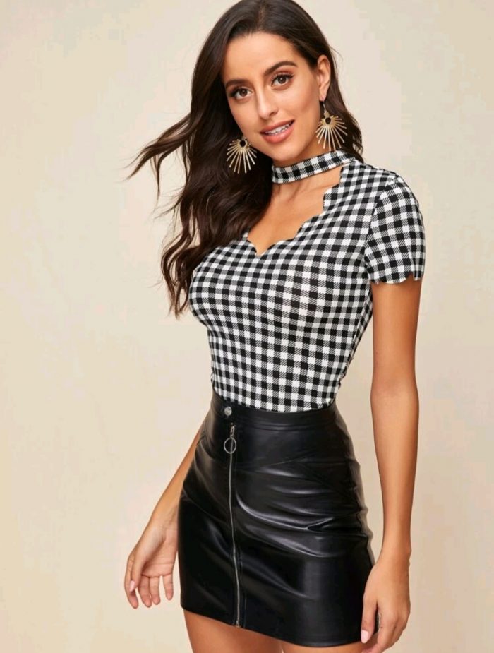 SHEIN Choker Neck Scallop Trim Gingham Top - Image 5