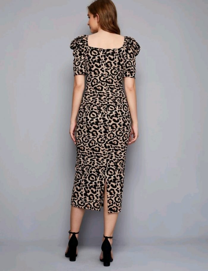 SHEIN Leopard Print Puff Sleeve Slit Hem Dress - Image 5