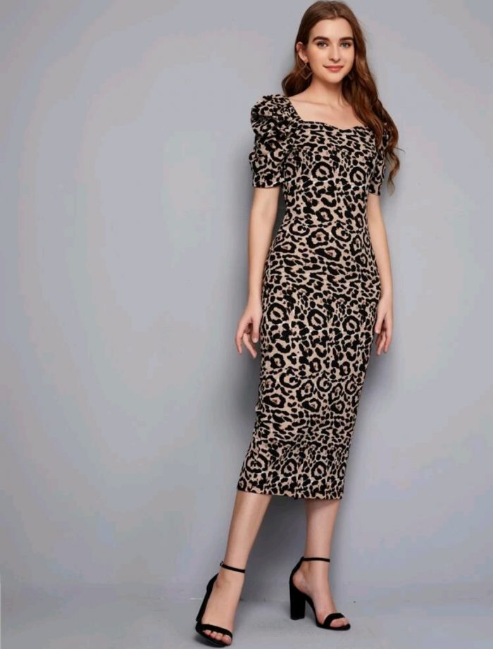 SHEIN Leopard Print Puff Sleeve Slit Hem Dress - Image 2