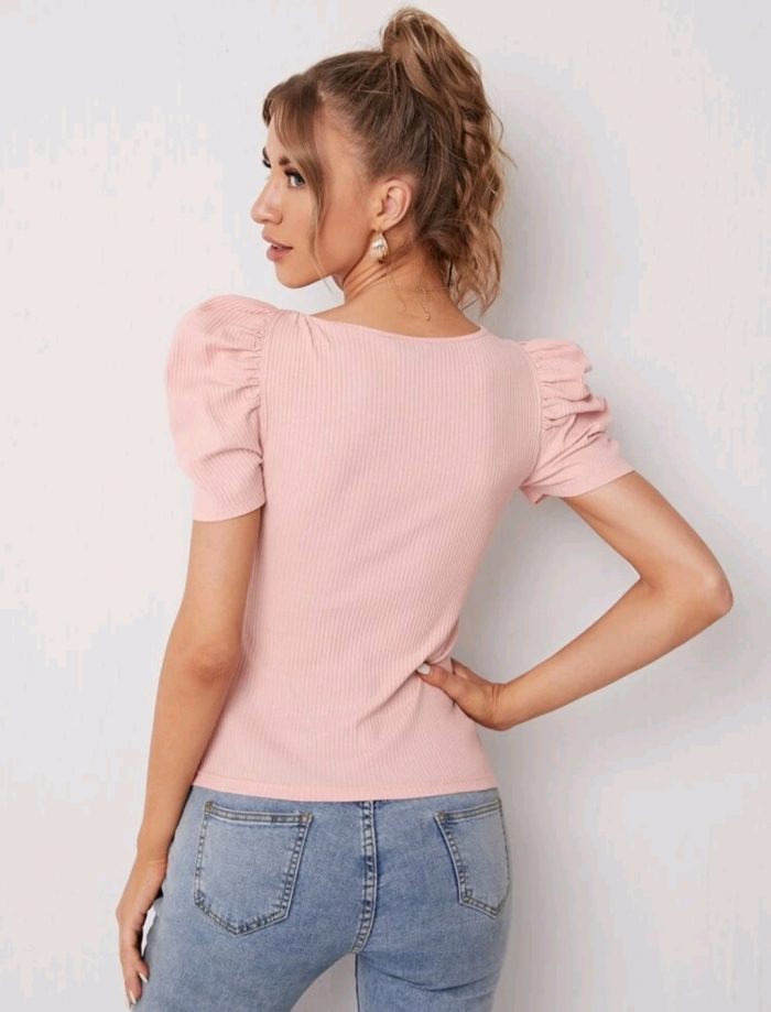 SHEIN Sweetheart Neck Puff Sleeve Rib-knit Tee - Image 4