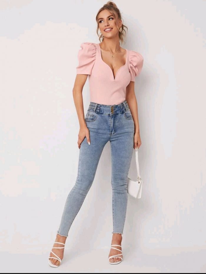 SHEIN Sweetheart Neck Puff Sleeve Rib-knit Tee - Image 2