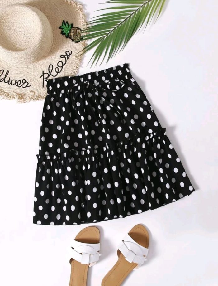 Polka Dot Knot Front Ruffle Hem Skirt