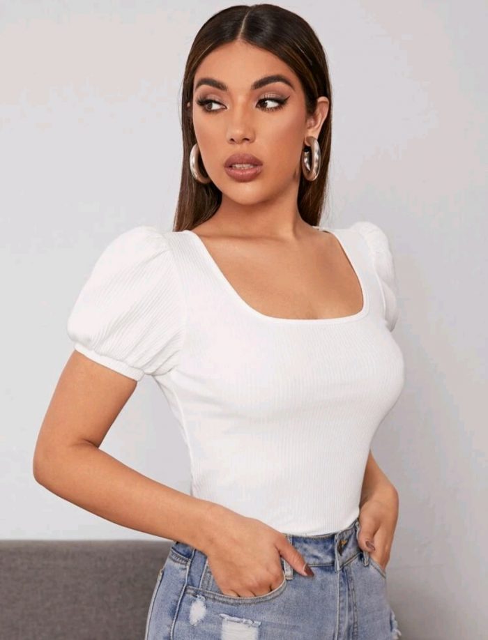 SHEIN Puff Sleeve Rib-knit Tee - Image 5
