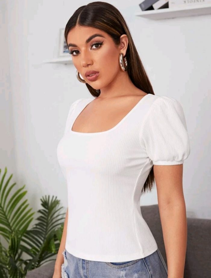 SHEIN Puff Sleeve Rib-knit Tee - Image 2