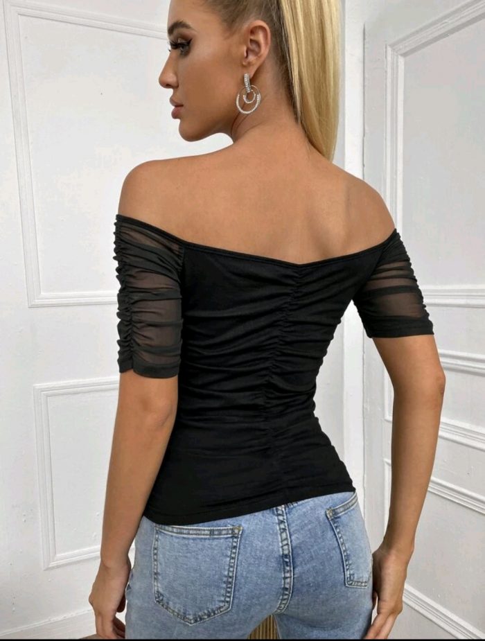 Solid Contrast Mesh Bardot Top - Image 5