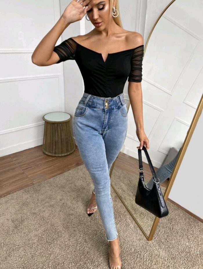 Solid Contrast Mesh Bardot Top - Image 4