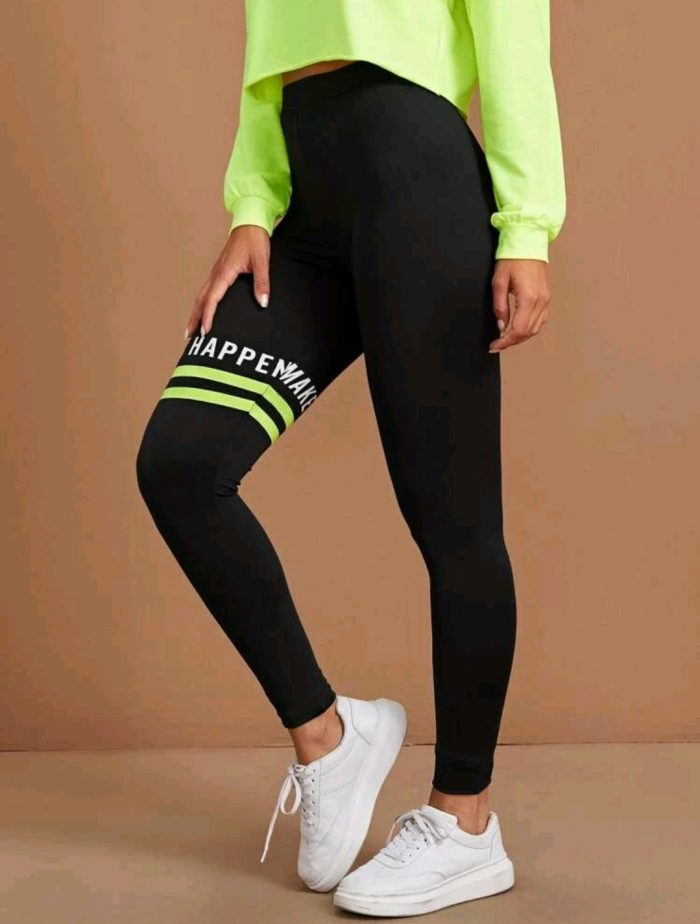 SHEIN Slogan Graphic Neon Striped Leggings - Image 3