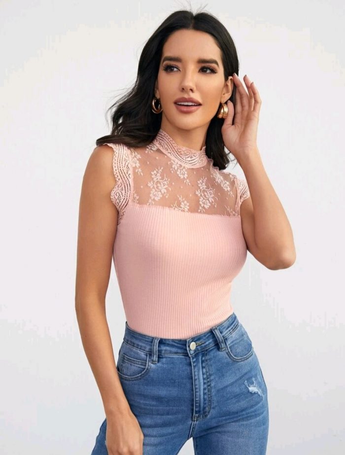 SHEIN Keyhole Back Lace Yoke Insert Rib-knit Tank Top