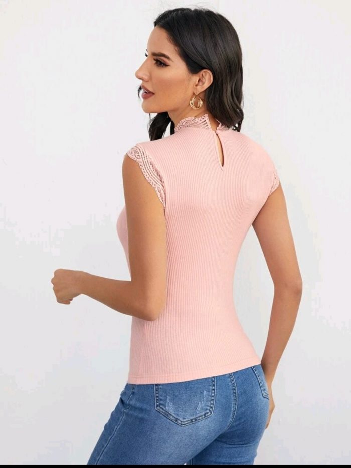 SHEIN Keyhole Back Lace Yoke Insert Rib-knit Tank Top - Image 5