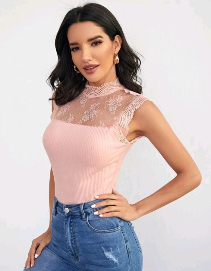 SHEIN Keyhole Back Lace Yoke Insert Rib-knit Tank Top - Image 3