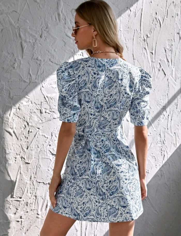 Surplice Neck Belted Puff Sleeve Paisley Dress - Image 5
