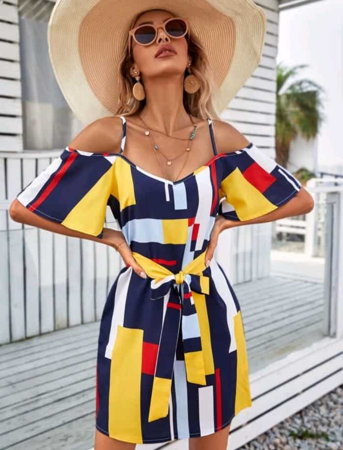 Geo Print Belted Cold Shoulder Dress