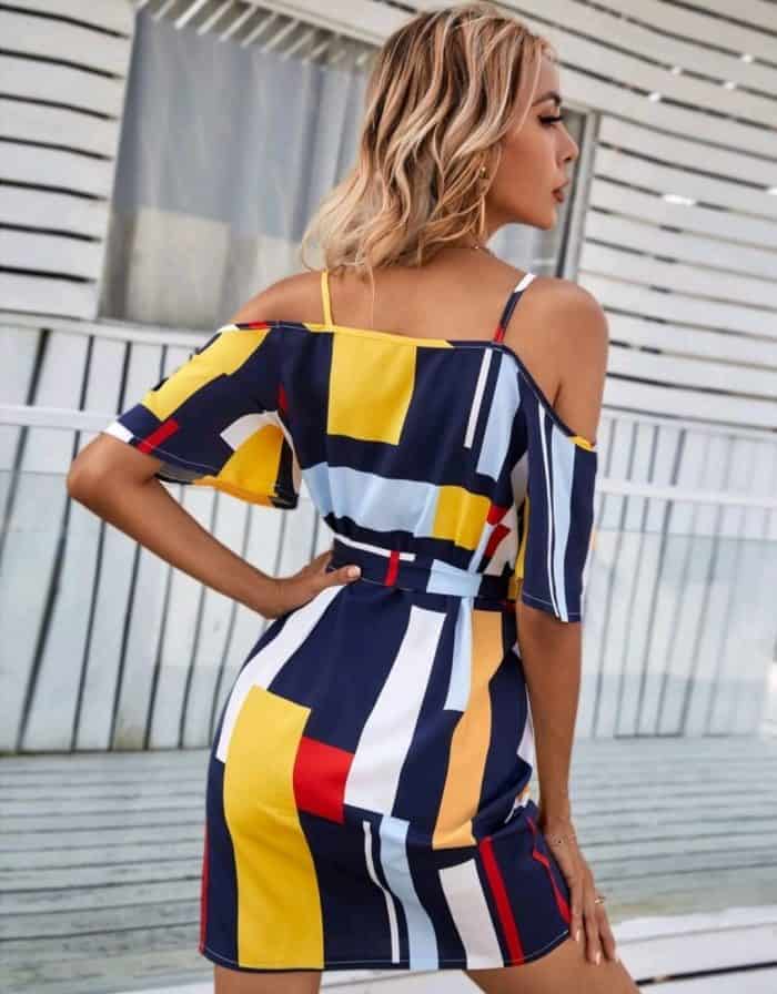 Geo Print Belted Cold Shoulder Dress - Image 5