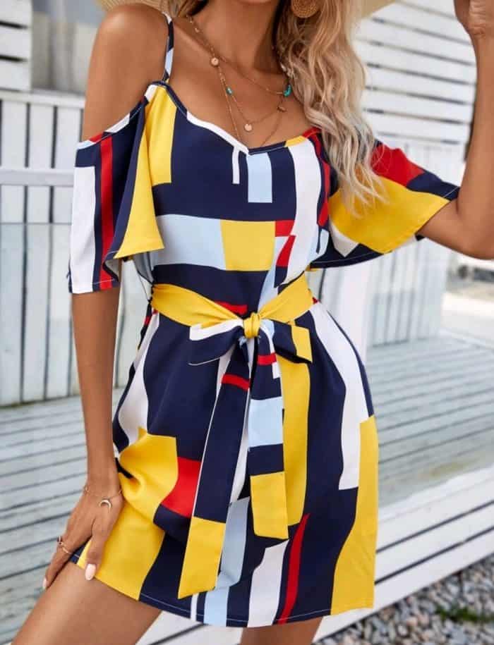 Geo Print Belted Cold Shoulder Dress - Image 4