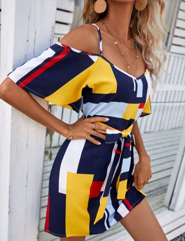 Geo Print Belted Cold Shoulder Dress - Image 3