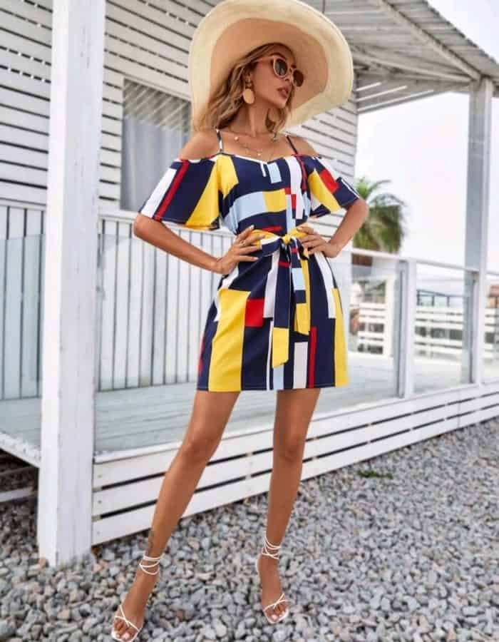 Geo Print Belted Cold Shoulder Dress - Image 2