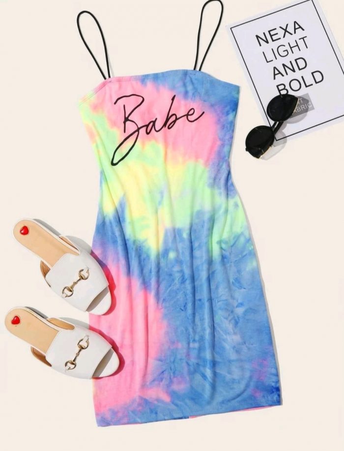 SHEIN Letter Graphic Tie Dye Slip Dress