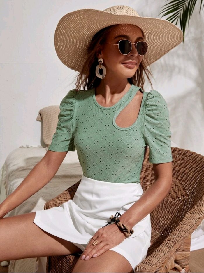 Eyelet Embroidery Cut Out Puff Sleeve Top