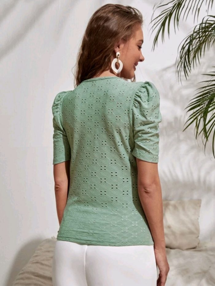 Eyelet Embroidery Cut Out Puff Sleeve Top - Image 4