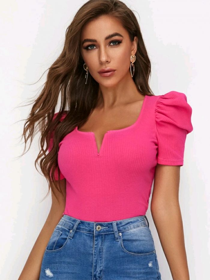 SHEIN Neon Pink Ribbed Puff Sleeve Top