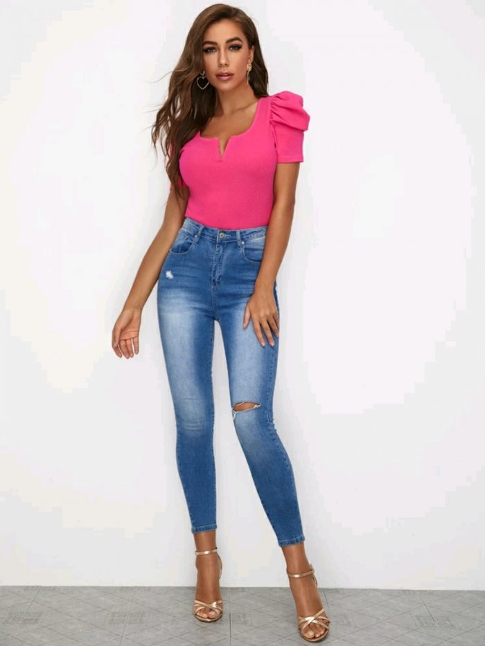 SHEIN Neon Pink Ribbed Puff Sleeve Top - Image 2