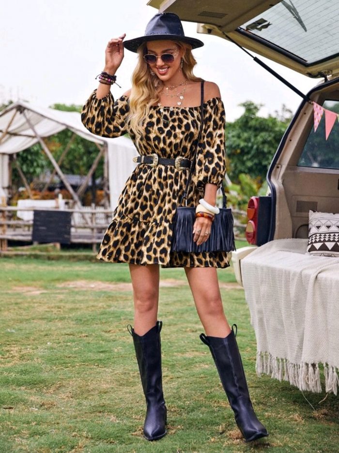 SHEIN Off Shoulder Leopard Dress Without Belt - Image 5