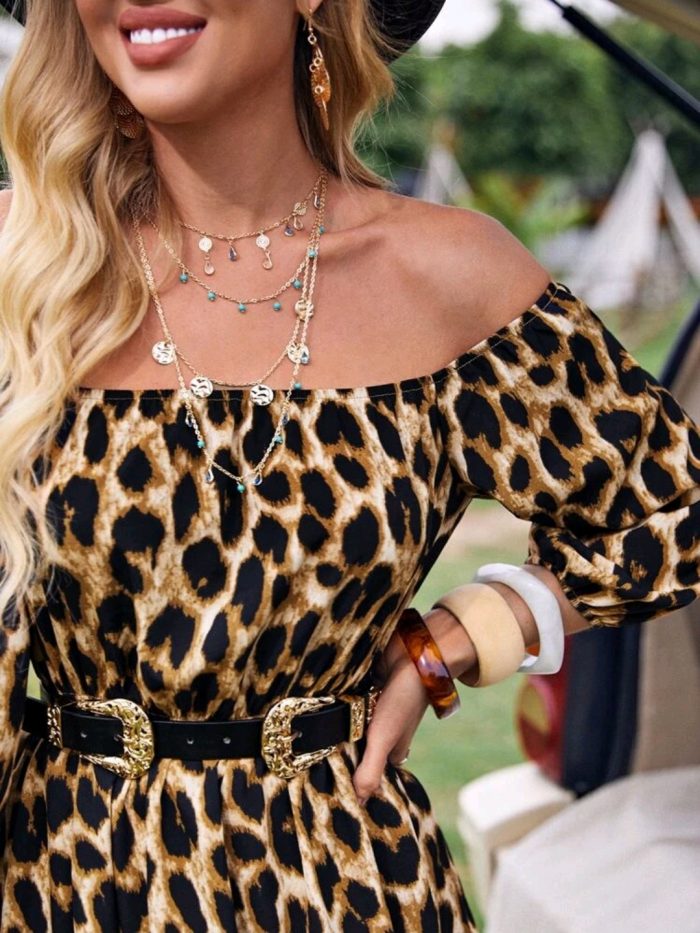 SHEIN Off Shoulder Leopard Dress Without Belt - Image 3
