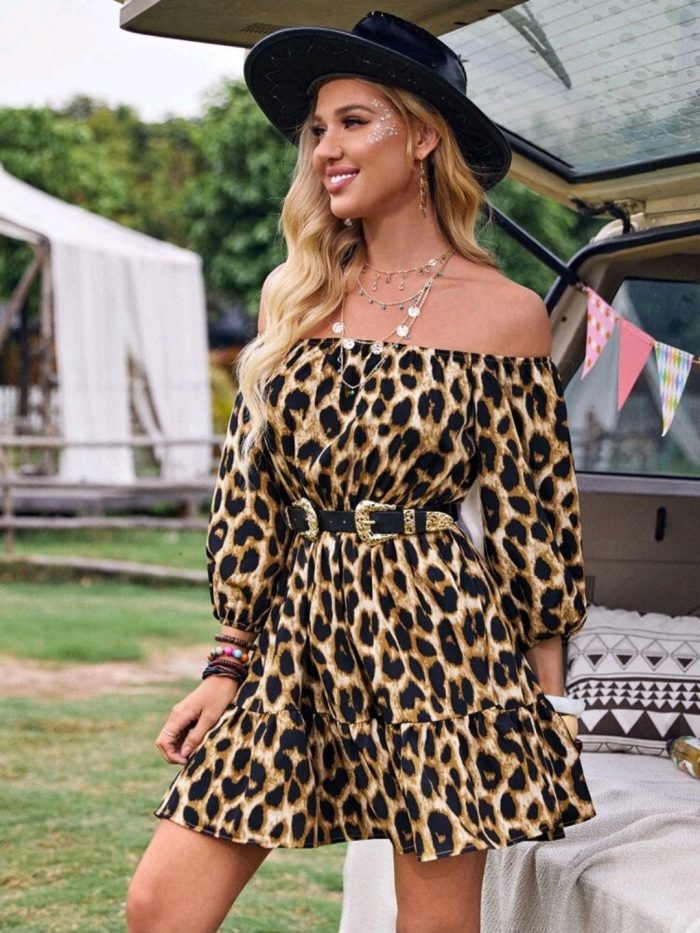 SHEIN Off Shoulder Leopard Dress Without Belt - Image 2