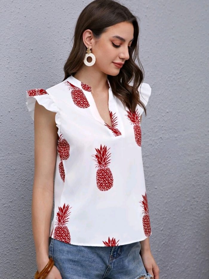 SHEIN Notch Neck Ruffle Armhole Pineapple Top - Image 4