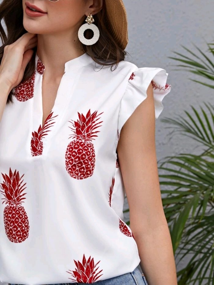 SHEIN Notch Neck Ruffle Armhole Pineapple Top - Image 3