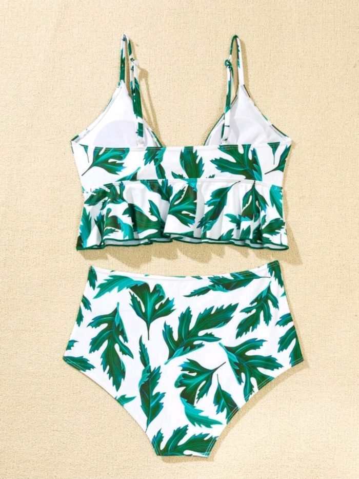 Leaf Print Ruffle Hem Bikini Swimsuit - Image 8