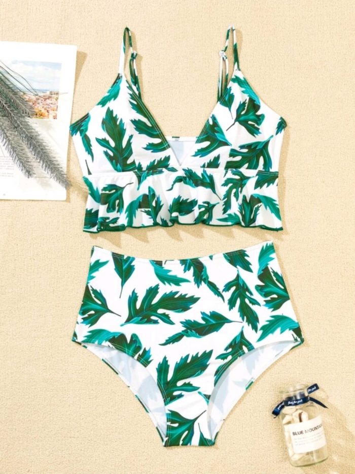 Leaf Print Ruffle Hem Bikini Swimsuit - Image 3