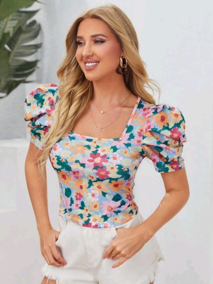 SHEIN Puff Sleeve Allover Floral Print Top - Image 2